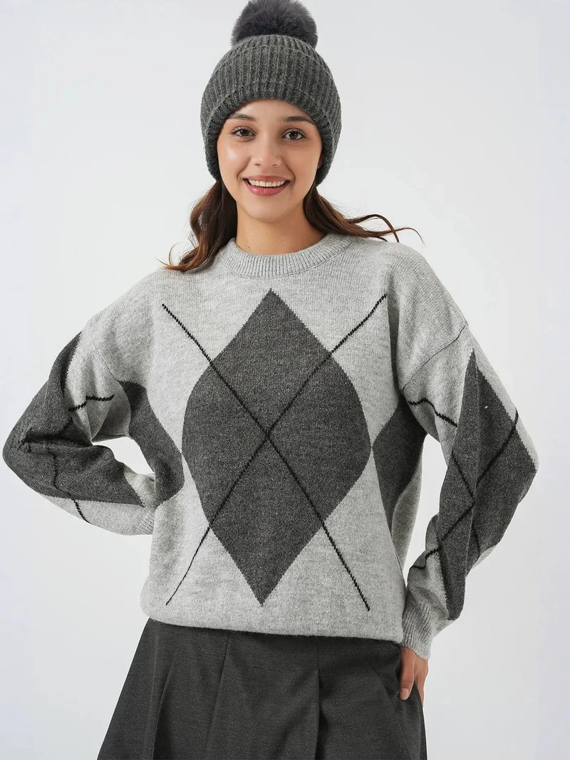 Big Dart Grey BDART Oversized Argyle Crew Neck Jumper for Women | Best Price UAE